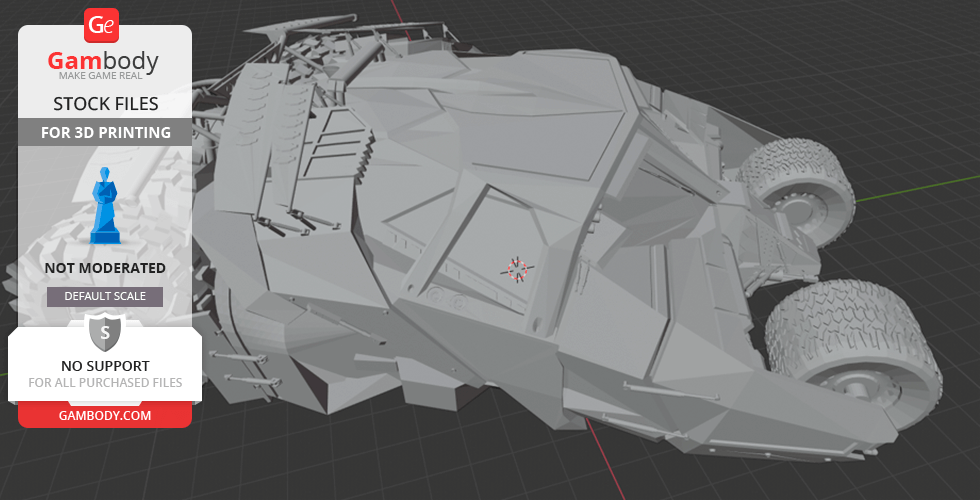 3D model of the Batmobile Tumbler for printing, featuring angular design and large textured tires.