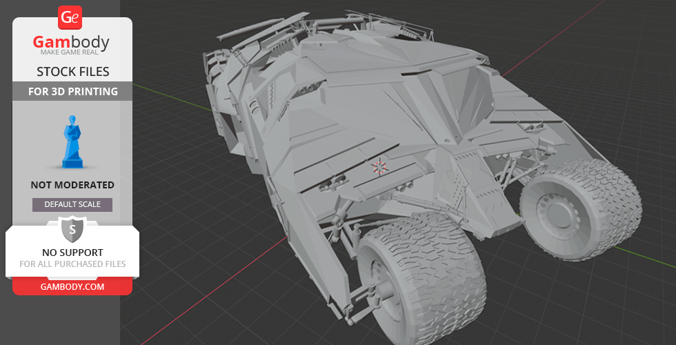 3D model of the Batmobile Tumbler, featuring angular armored design, shown from the rear.