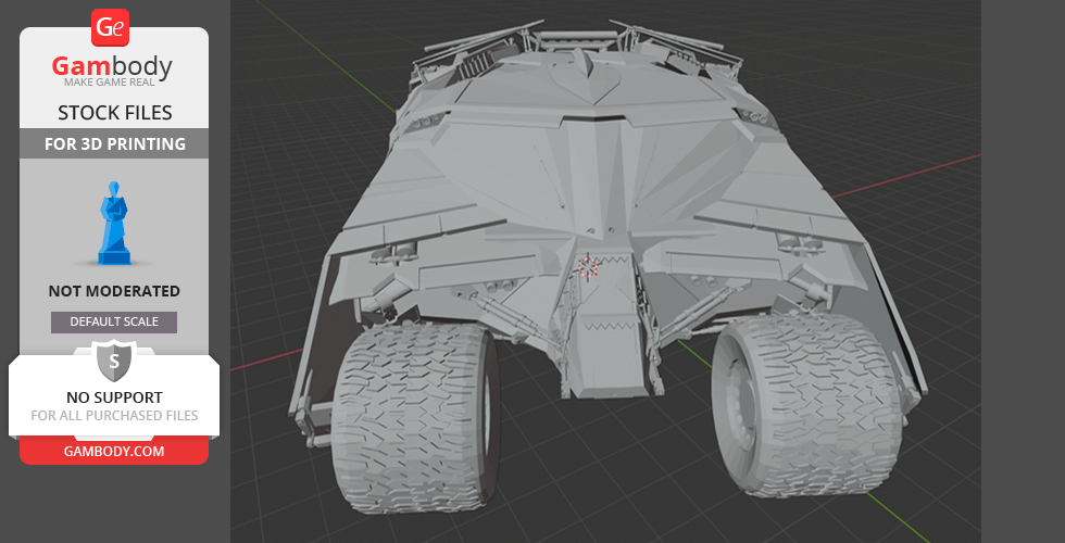 3D model of the Batmobile Tumbler, ready for 3D printing, with detailed rugged design and large wheels.