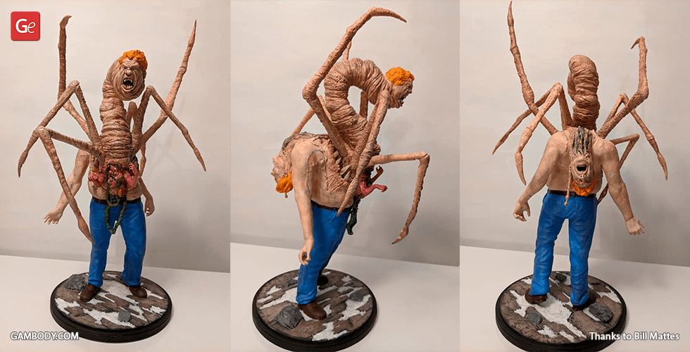 Grotesque creature with spider legs and human torso, screaming face, standing on a base.