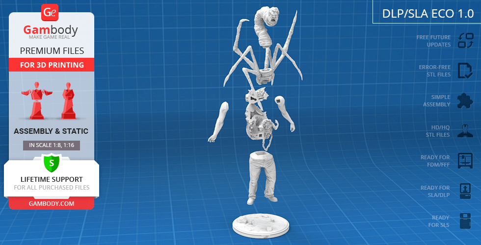 A disassembled 3D model of a creature with multiple limbs and a human-like torso, designed for 3D printing.