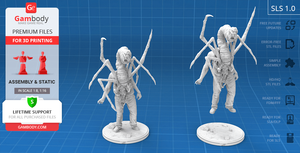 Humanoid creature with spider-like limbs, exposed ribcage, and monstrous head on a display stand.
