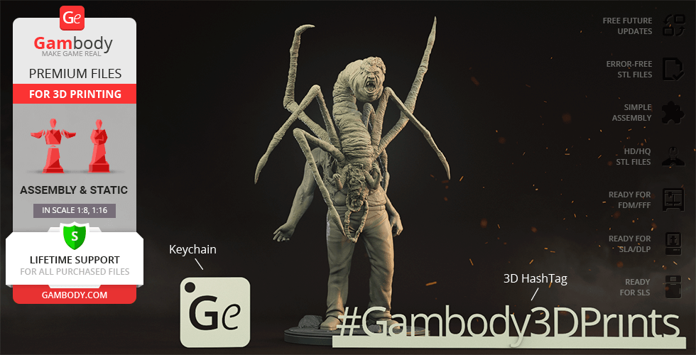 A grotesque creature with multiple limbs and distorted features on a 3D printing platform display.