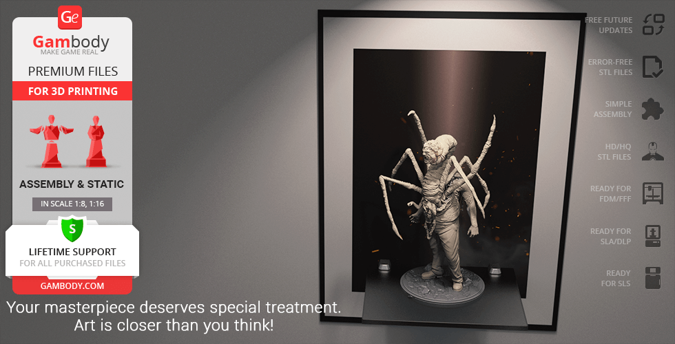 A humanoid creature with spider-like legs on display for 3D printing.