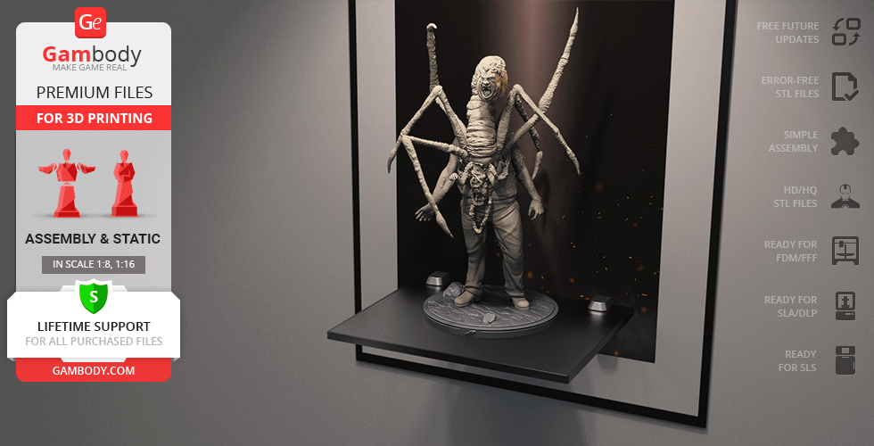 A creepy, multi-limbed creature emerging from a man's chest, ready for 3D printing.