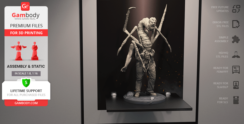 A creature with tentacles and a human face emerging from a body, displayed on a shelf for 3D printing.