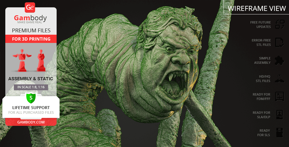 A creature model with a human-like face and multiple limbs, detailed for 3D printing.