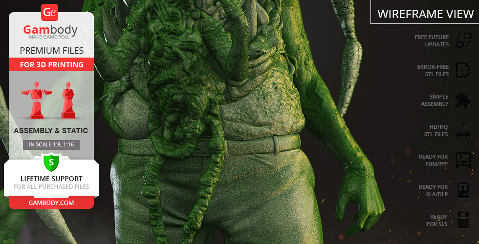 A detailed, monstrous creature with green textured skin, tentacles, and humanoid features, ready for 3D printing.
