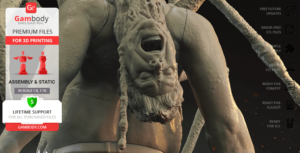 A grotesque, detailed 3D model of a creature with a twisted human face and tentacles for printing.