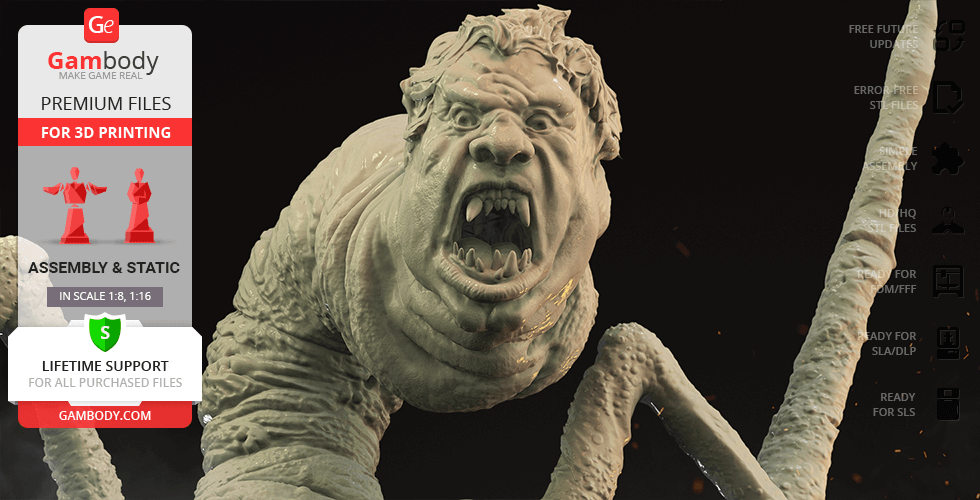 A detailed 3D model of a monstrous creature with a human-like face and tentacles for printing.