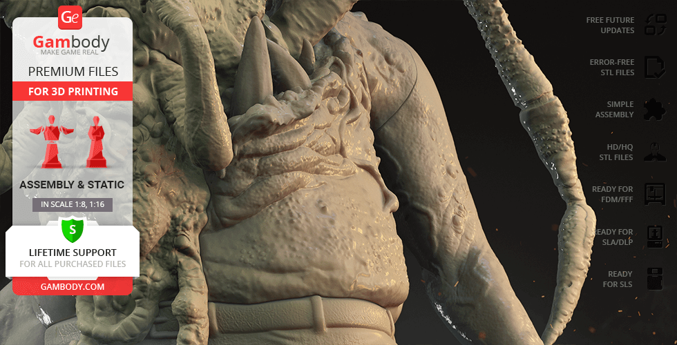 A detailed 3D model of a monstrous creature with tentacles and textured skin, designed for 3D printing.