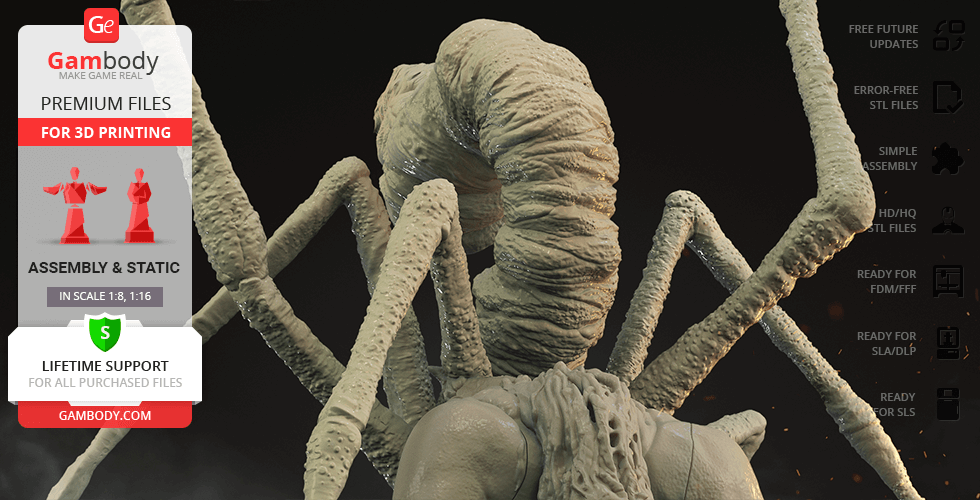 A detailed, spider-like creature model with multiple legs, designed for 3D printing.