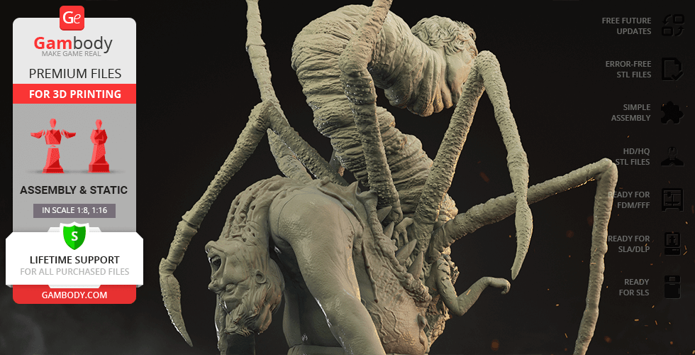A detailed 3D model of a creature with a human head and spider-like legs from Norris-Thing.