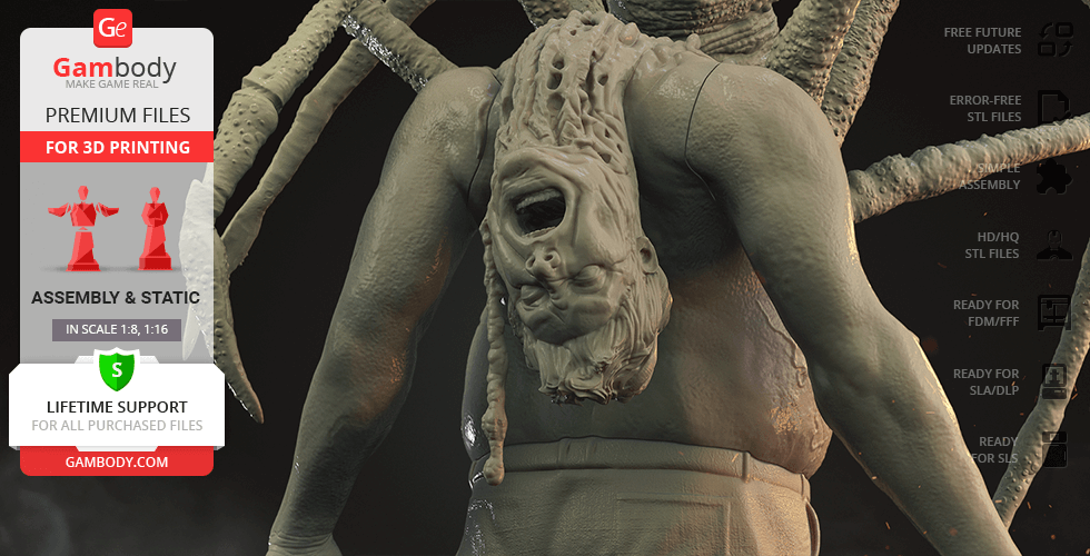 A grotesque creature with tentacles and a distorted human face emerging from its back.