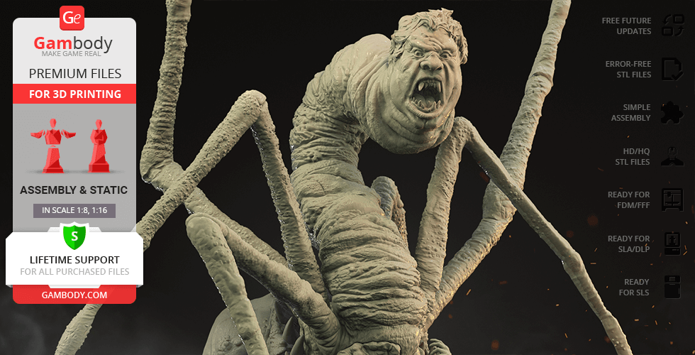 Horrific creature model with multiple limbs and monstrous face, designed for 3D printing from Gambody.