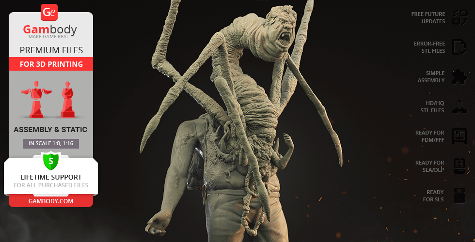 A grotesque creature with multiple limbs and distorted body for 3D printing, inspired by a horror movie.