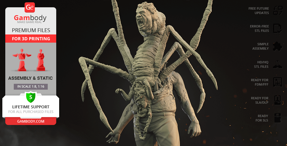 A monstrous creature with human and spider-like features, screaming with multiple limbs extended outward.