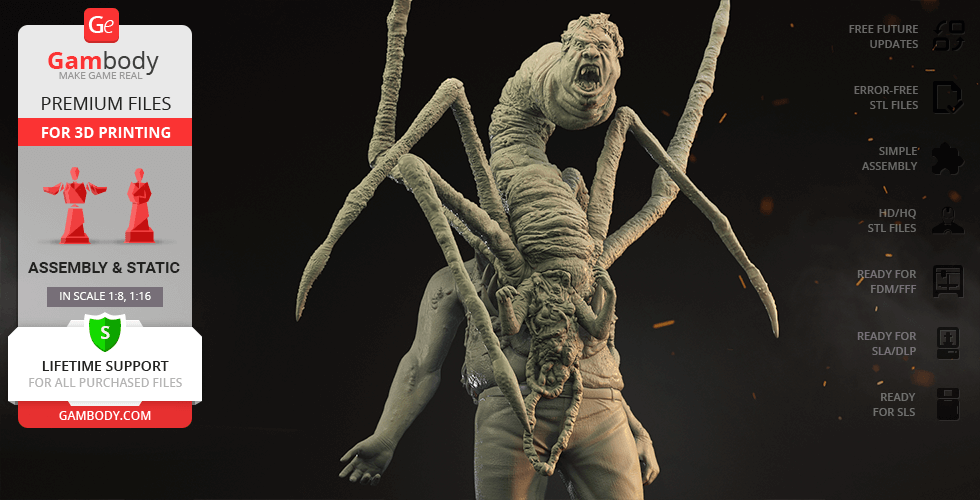 A grotesque, multi-limbed creature with humanoid and insect features stands menacingly.