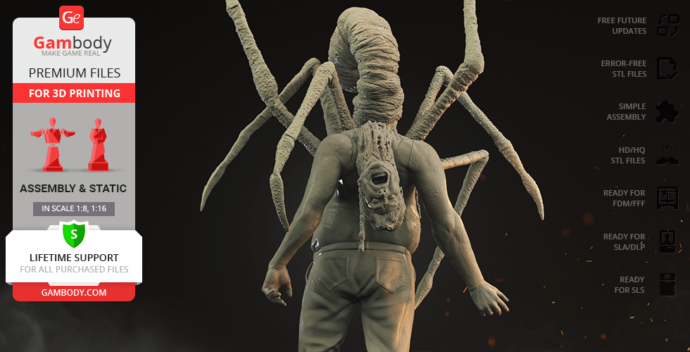 Creature with human-like torso and spider-like limbs, ready for 3D printing from Gambody files.