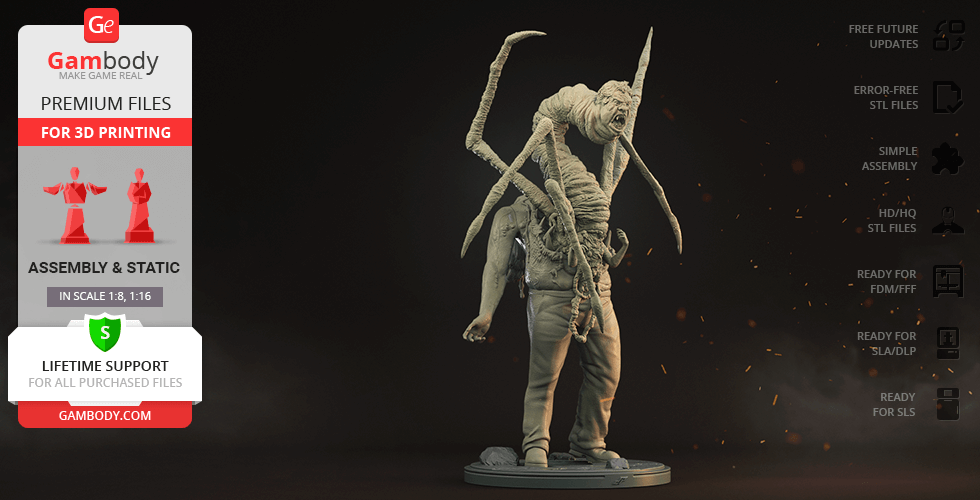 A grotesque, multi-limbed creature sculpt with elongated limbs, standing on a base.