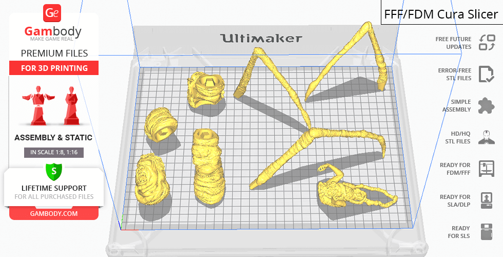 A set of 3D printed parts resembling the Norris-Thing creature on a printing bed.