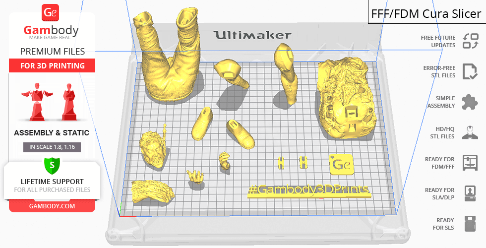 3D printing layout featuring disassembled parts of a creature model, including limbs and head, on a grid.