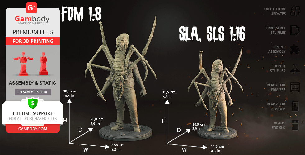 Grotesque humanoid creature with spider-like limbs emerging from its chest, posed on a round base.