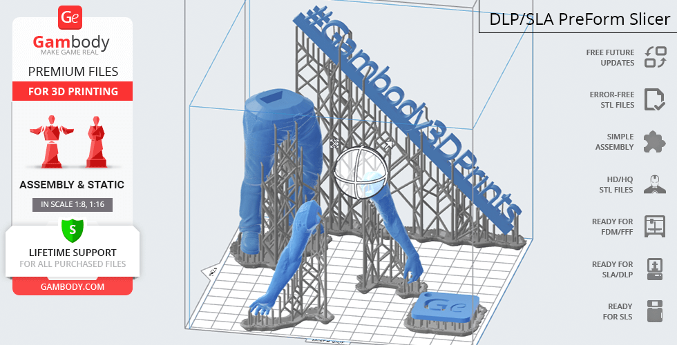 3D model of Norris-Thing with detailed limbs, surrounded by structural supports for printing.