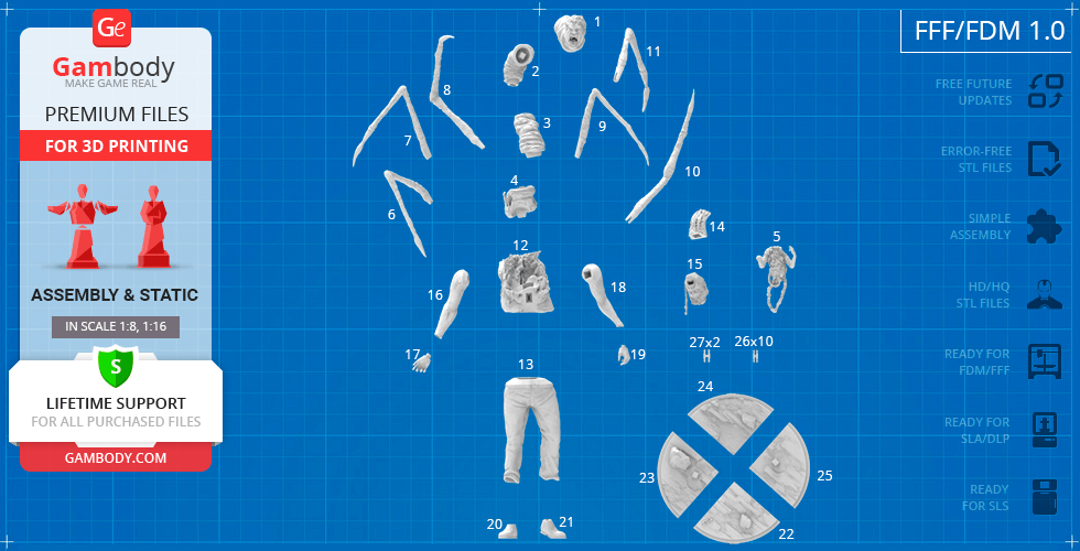 3D model assembly parts of Norris-Thing for printing, showing limbs, torso, and other components.