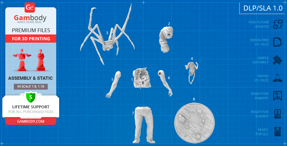 Spider-like creature, torso with arms, severed head, and legs in separate parts for 3D printing.
