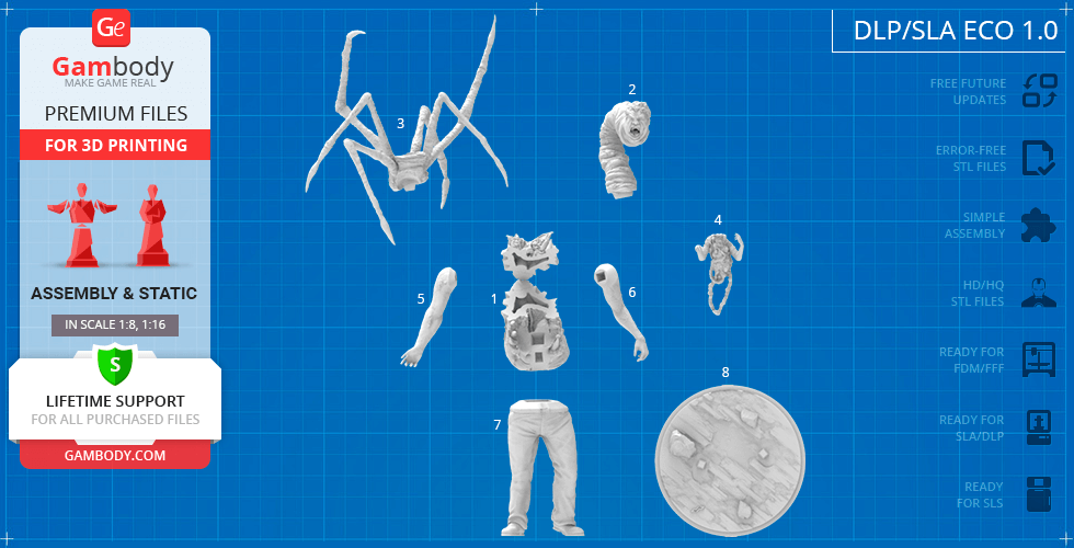3D model pieces for assembling a creature with spider-like legs, arms, torso, and head on a base plate.