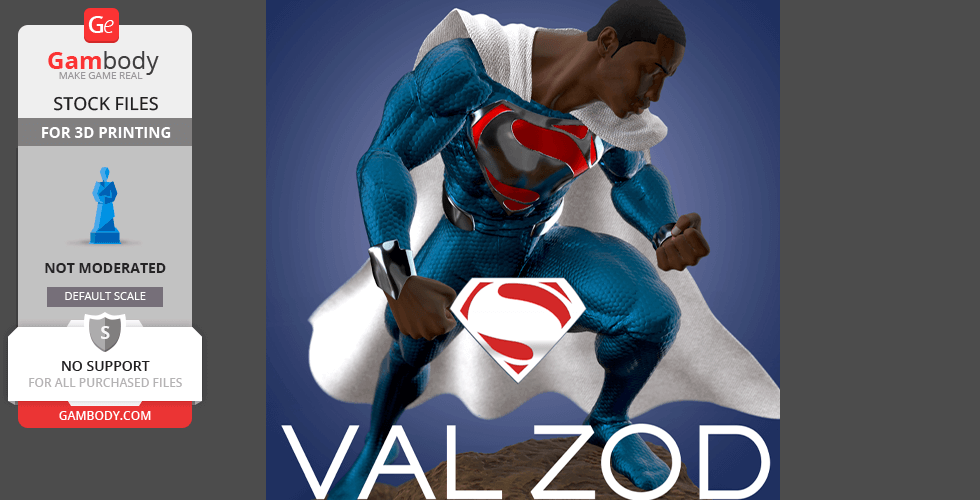 A superhero in a blue suit and white cape, posed for 3D printing.
