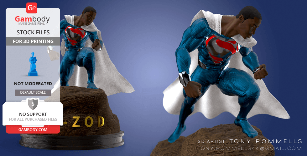 A dynamic superhero in a blue suit and white cape, poised on a rock base with 'ZOD' engraved.