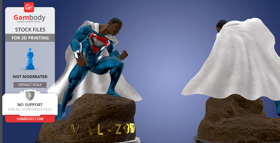 3D model of a superhero in blue suit with red emblem, dynamic pose on rock, labeled 'VAL-ZOD.'