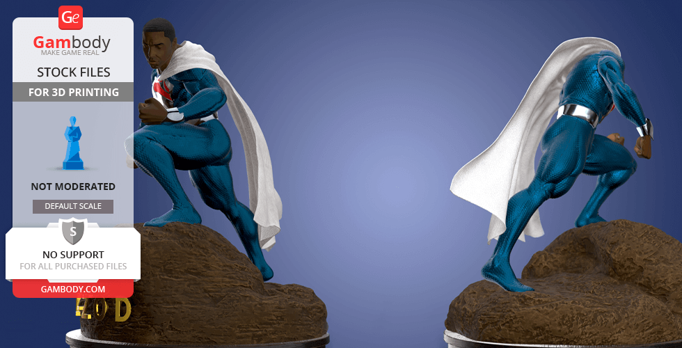 A superhero in a blue suit and white cape kneels on rocky terrain, ready for action.