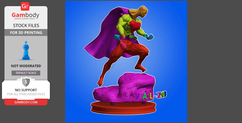 A dynamic superhero model in a cape, mid-action pose, standing on a rock base for 3D printing.