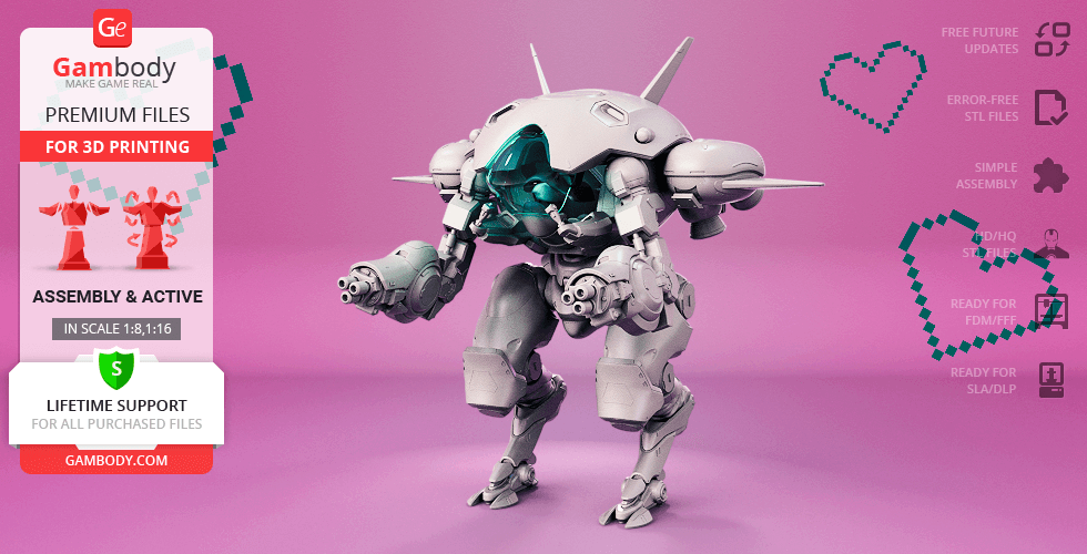 A 3D printable model of D.Va’s mech from Overwatch, set against a pink background.