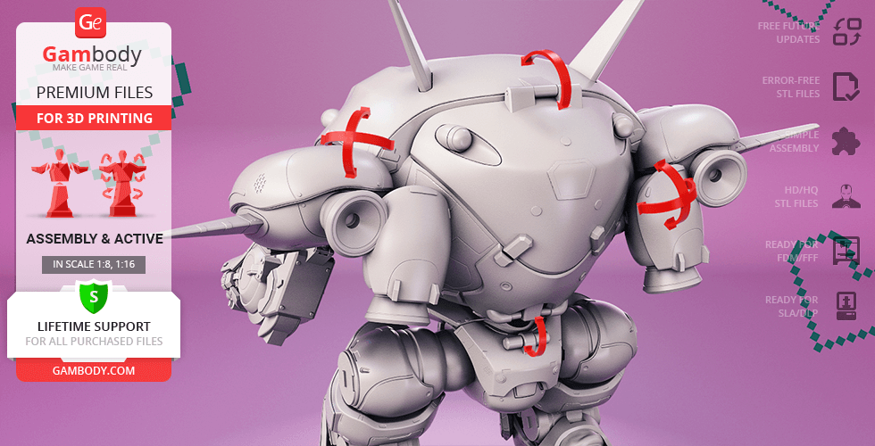 A grey 3D model of D.Va's mech from Overwatch with assembly indicators, ready for printing.