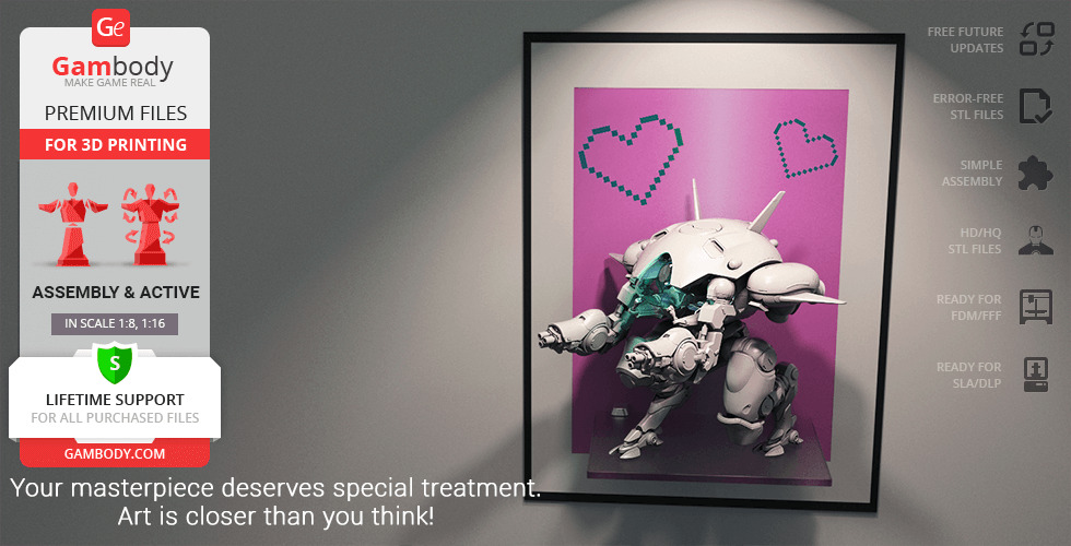 3D model of a mechanical suit from Overwatch on a purple background with heart designs.