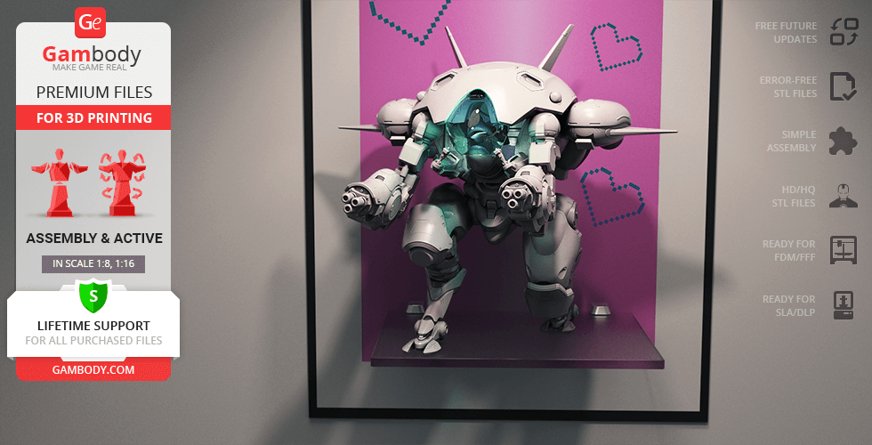 A 3D model of a futuristic mech robot from Overwatch, designed for 3D printing, displayed in a frame.