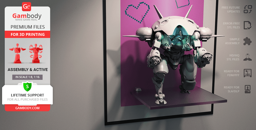 A detailed 3D model of D.Va's mech from Overwatch, displayed on a stand, ready for 3D printing.