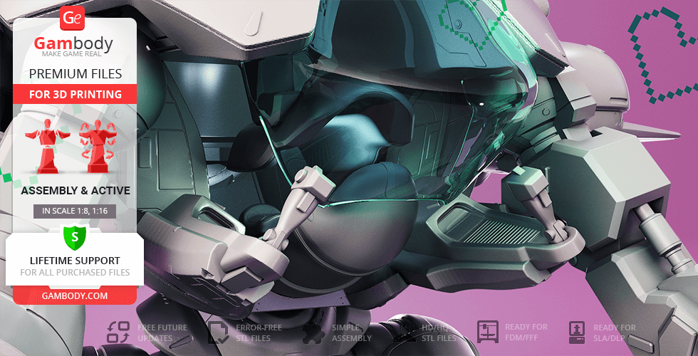 A detailed 3D model of D.Va's mech from Overwatch, designed for 3D printing, shown in close-up.