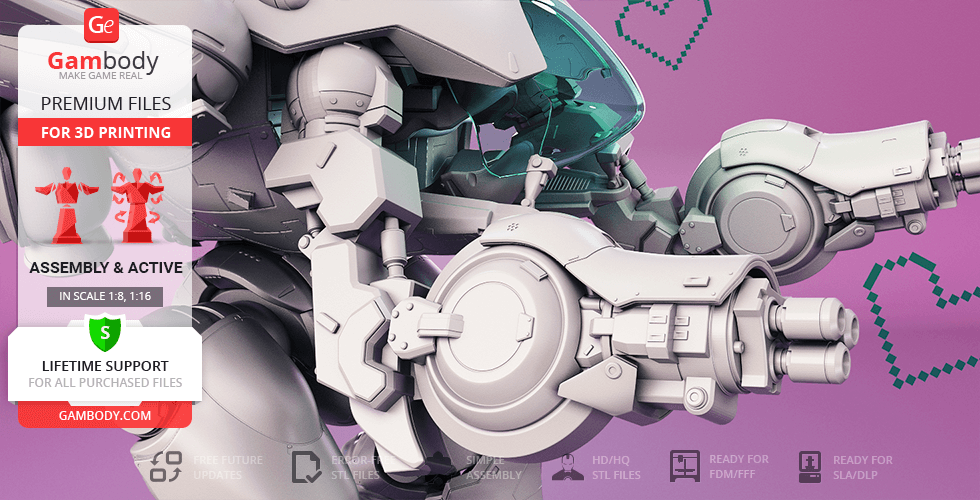 A detailed 3D model of D.Va's mech from Overwatch, ready for 3D printing, highlighted on a purple background.