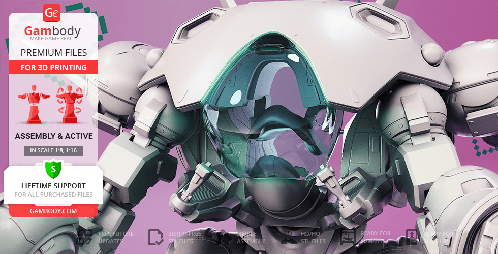 Futuristic mech model for 3D printing, featuring a cockpit and mechanical limbs.