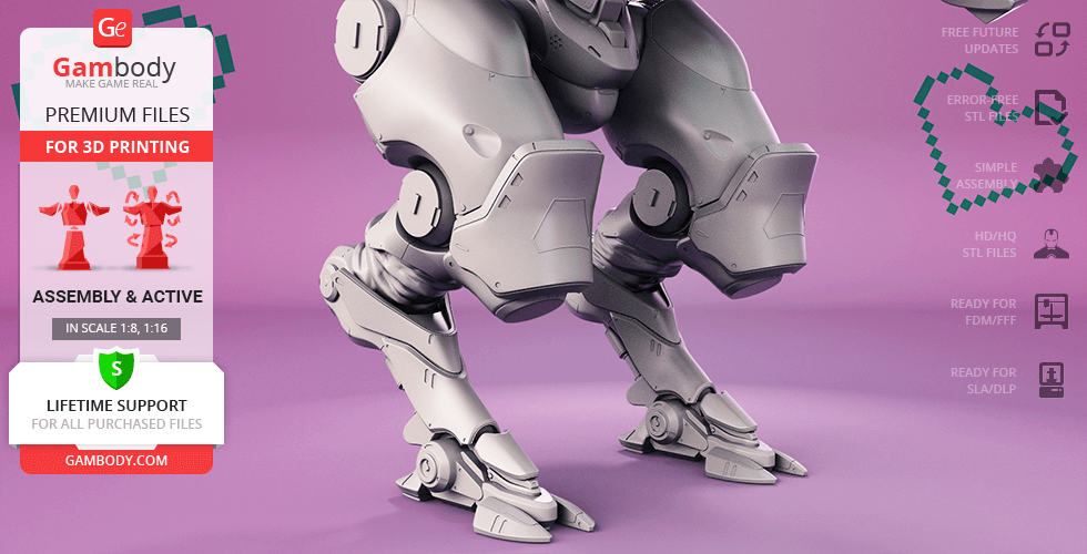 Futuristic robot mech legs, detailed for 3D printing, displayed against a purple background.