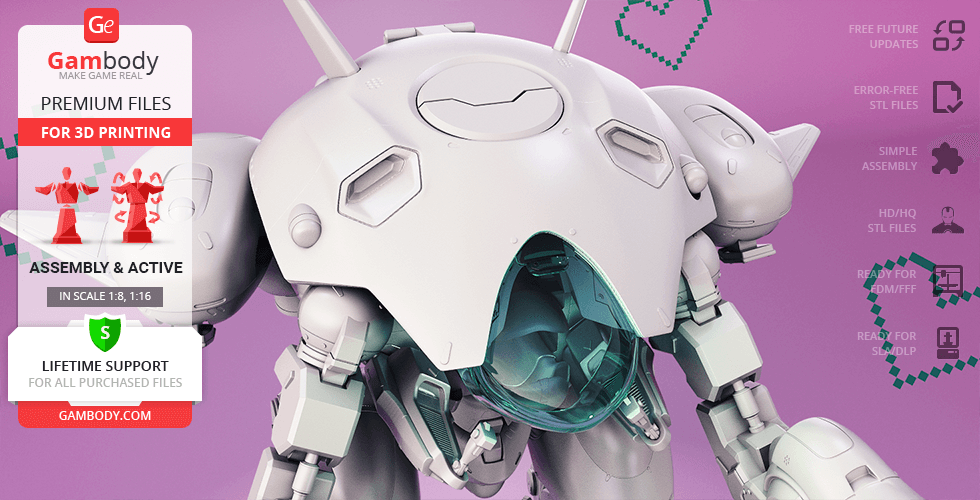 A stylized 3D model of a mech from Overwatch, showcased for 3D printing by Gambody.
