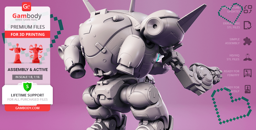 A detailed 3D model of a robot mech, designed for 3D printing, with promotional text and graphics.