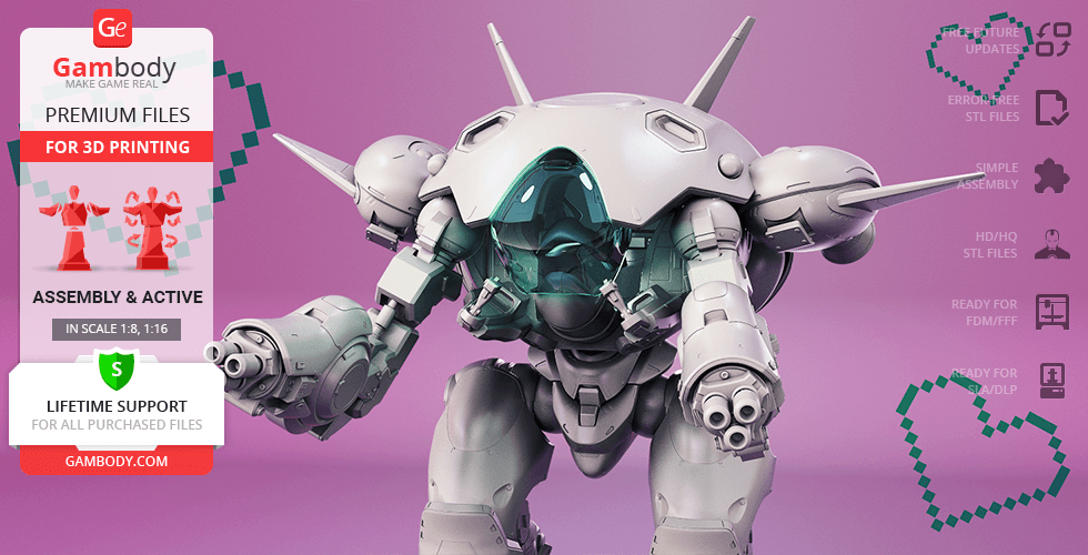 A white mech suit with large arms and weaponry, designed for 3D printing, displayed on a pink background.