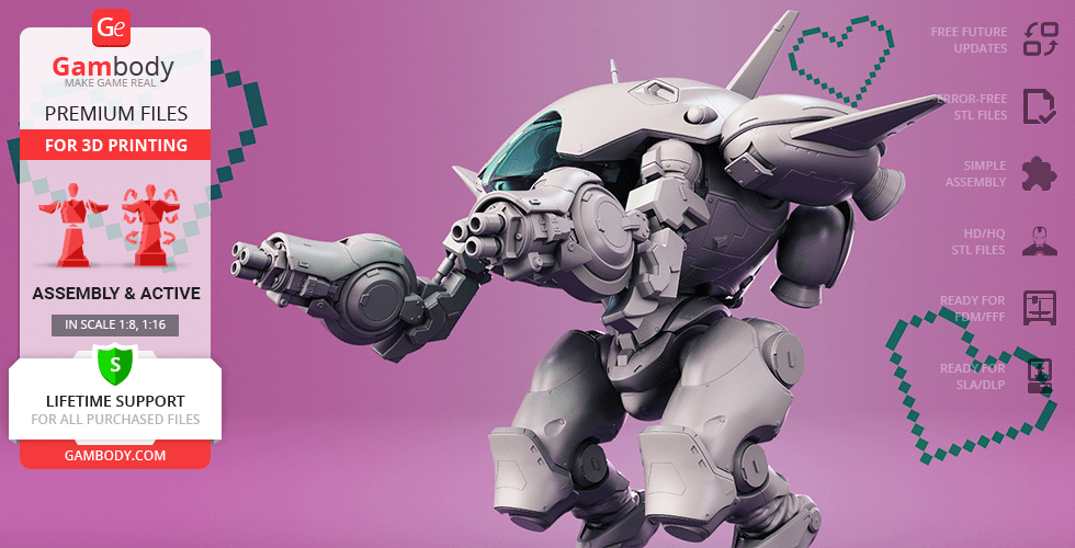 A highly detailed 3D model of a futuristic mech from Overwatch, designed for 3D printing.