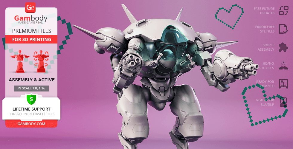 A 3D model of a futuristic mech with armor, designed for 3D printing, on a pink background.